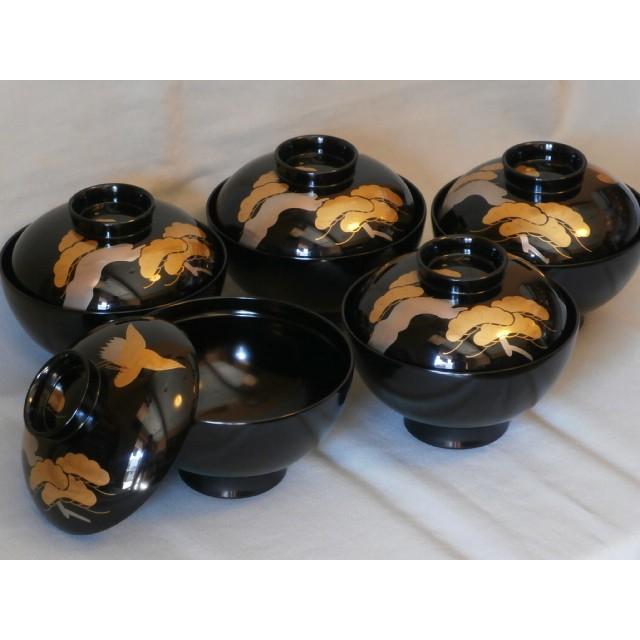 和食器 吸物椀 蓋付き 5個 黒塗り 松に鶴 蒔絵 漆塗り 木合 和食器 吸物椀 蓋付き 5個 黒塗り 松に鶴 蒔絵 漆塗り 木合