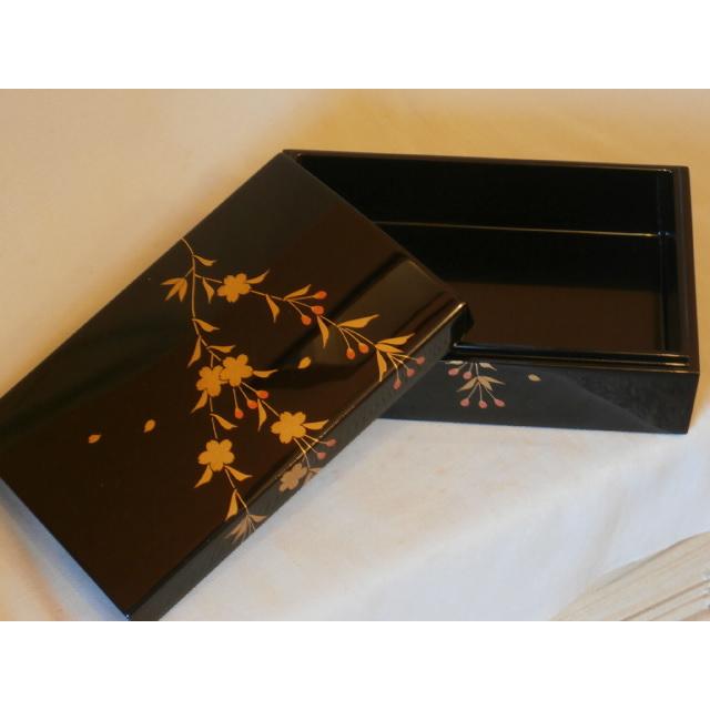 小筥 しだれ桜花 木製 越前漆器 漆塗り 黒塗り 蒔絵 越前塗り