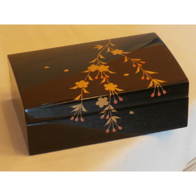 小筥 しだれ桜花 木製 越前漆器 漆塗り 黒塗り 蒔絵 越前塗り : ぬり  