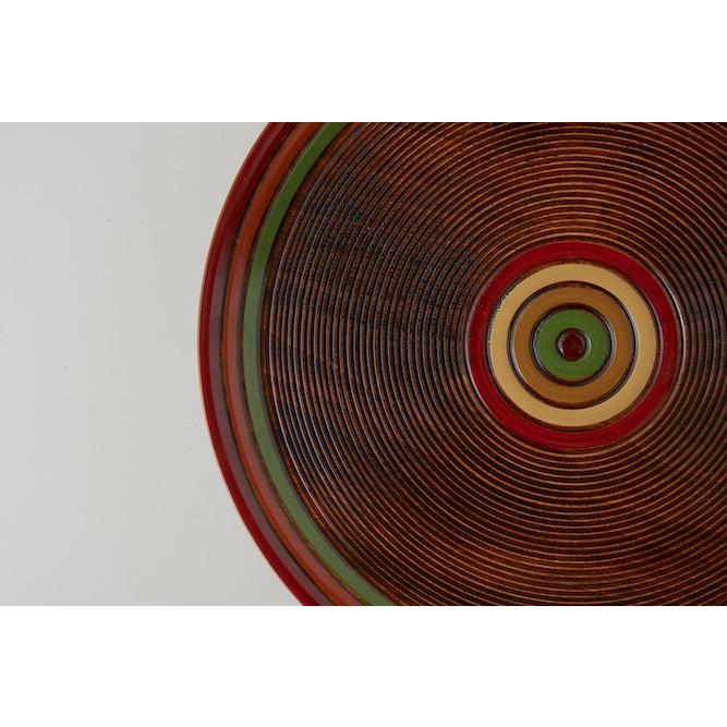 丸トレイ 丸盆 盆 山中漆器 木製 8寸 栃 独楽文様 漆塗り くりぬき