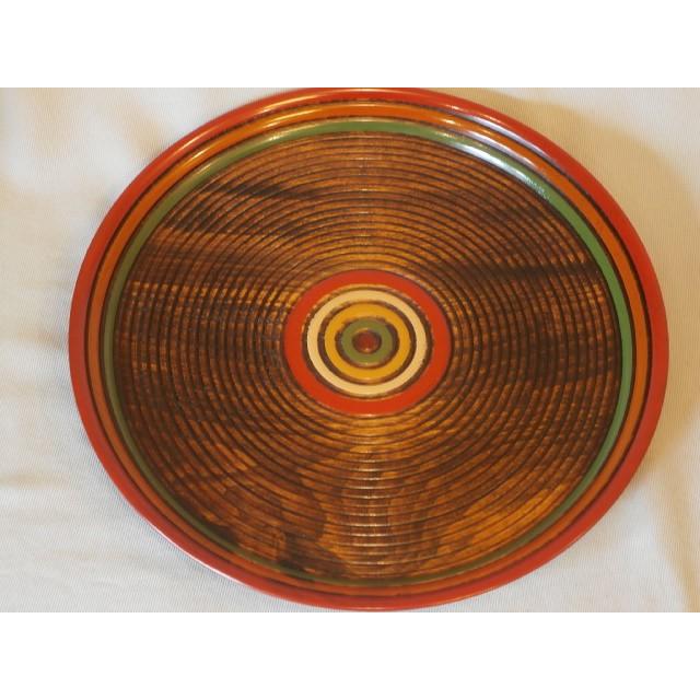 丸トレイ 丸盆 盆 山中漆器 木製 8寸 栃 独楽文様 漆塗り くりぬき