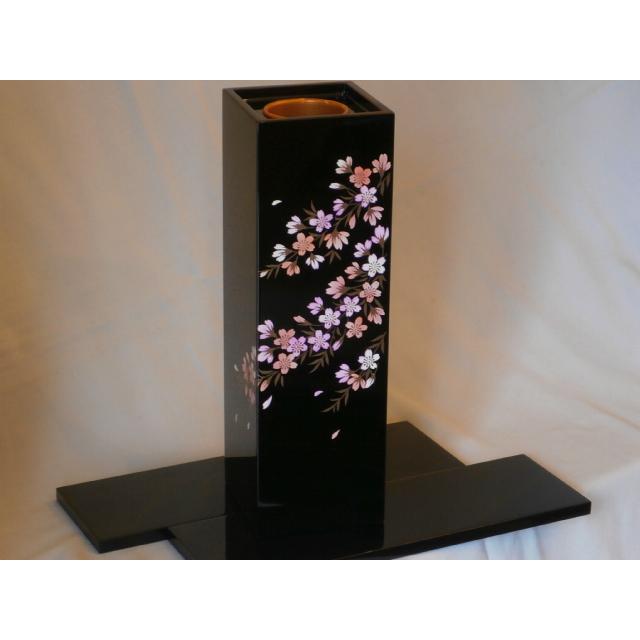 会津漆器 花器セット 黒 芍薬 花瓶 花生 角型 会津塗り 木繊 台付