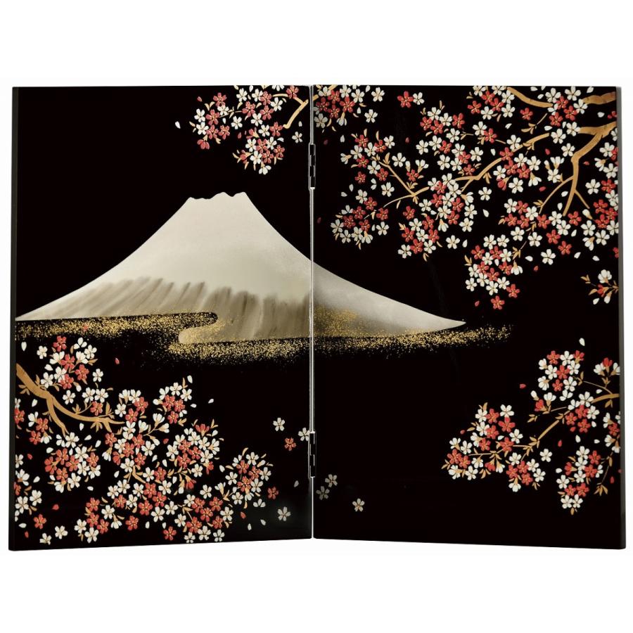 屏風 新築祝い 開店祝い 二枚びょうぶ 衝立 黒塗り 桜富士 会津漆器