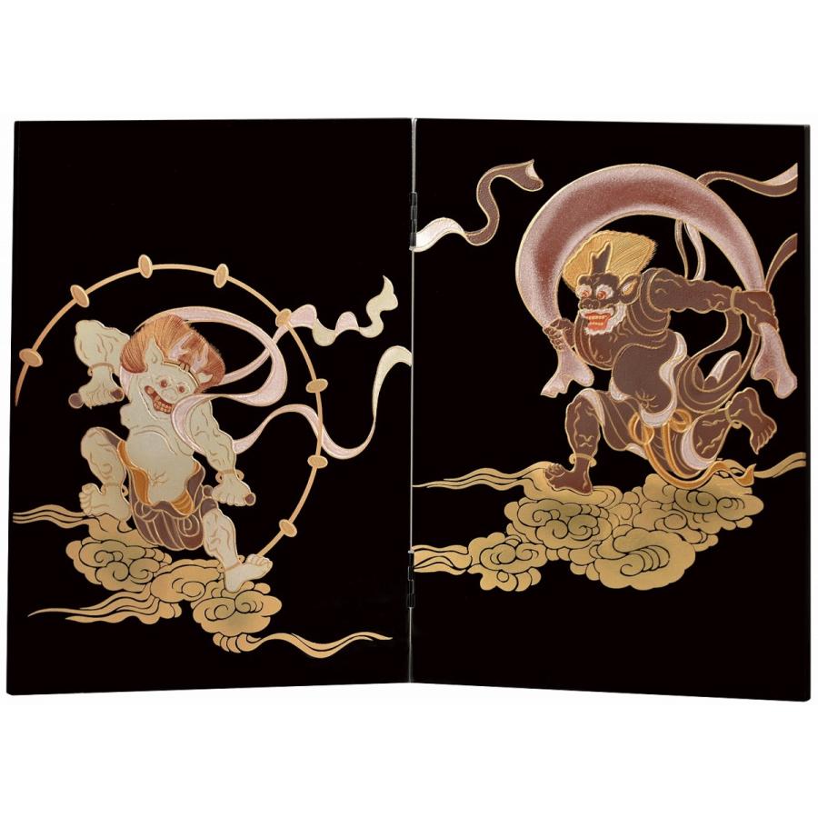 屏風 新築祝い 開店祝い 二枚びょうぶ 衝立 黒塗り 風神雷神 会津漆器
