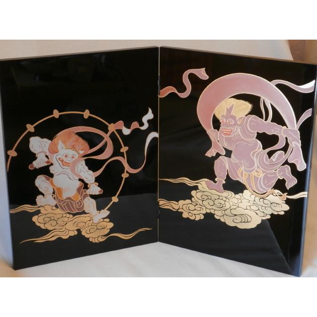屏風 新築祝い 開店祝い 二枚びょうぶ 衝立 黒塗り 風神雷神 会津漆器