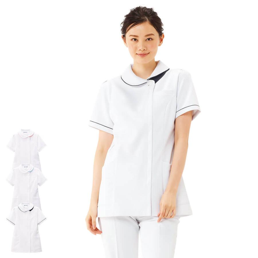 医療 看護 白衣 女性 レディース 涼しい 半袖 透け ユニフォーム 制電クールストレッチ アシメ衿ジャケット
