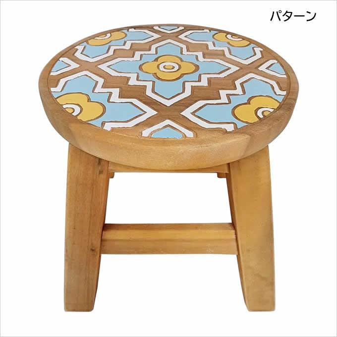 アジアンエスニックミンディ材木製天然木無垢材丸スツール二脚セット椅子花台イス ウッドスツール インディアンフラワー パターン いす 椅子 スツール