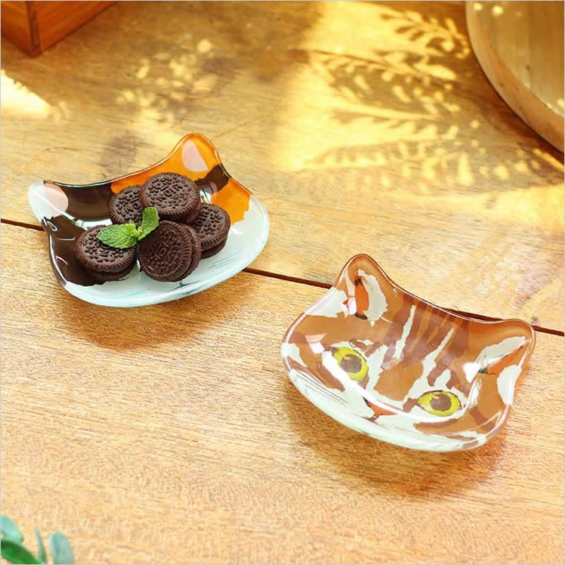 ガラスミニプレート キャット 2枚セット 食器 皿 小皿 プレート 小物