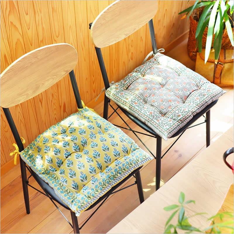シートクッション ボニータブロックプリント 40×40cm 綿 ふわふわ 花柄