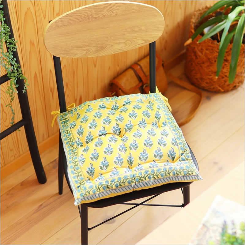 シートクッション ボニータブロックプリント 40×40cm 綿 ふわふわ 花柄