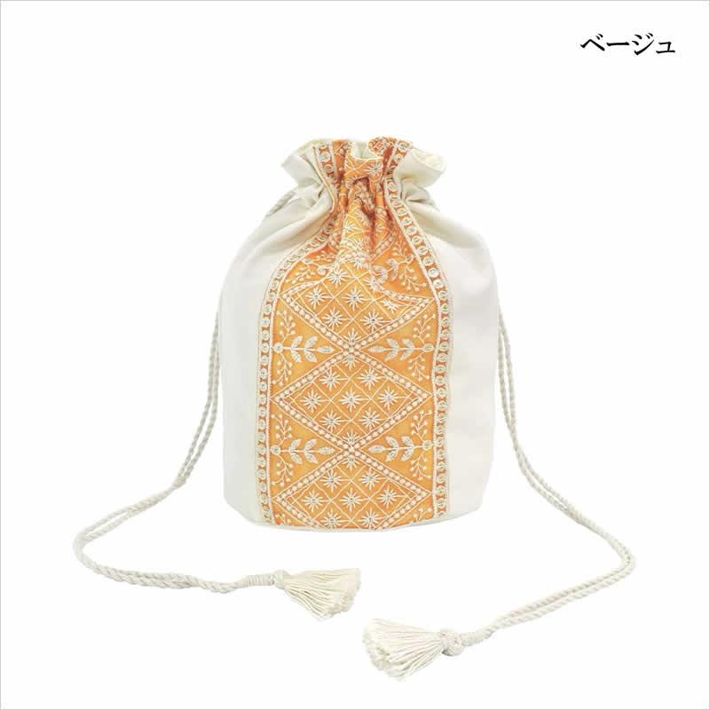 インド刺繍リボン丸底巾着BAG おしゃれ エスニック ポシェット ミニ