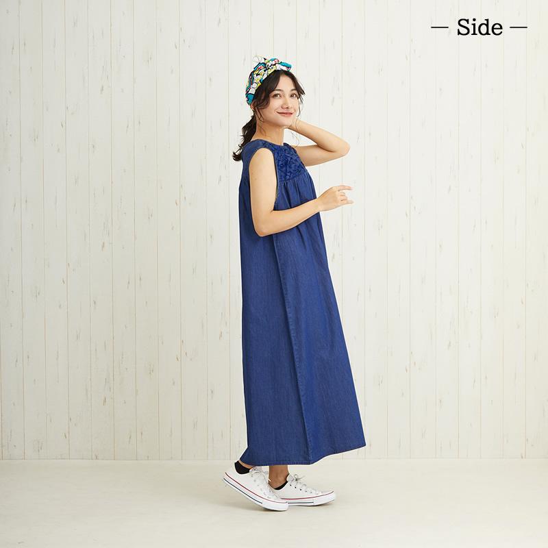 ワンピース スモッキング デニム インディゴ レディース ワンピ