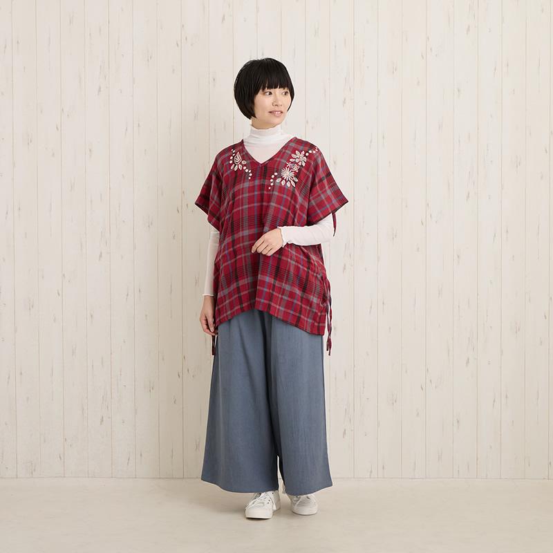 プルオーバー タータンチェック レディース 刺繍 トップス ベスト 綿