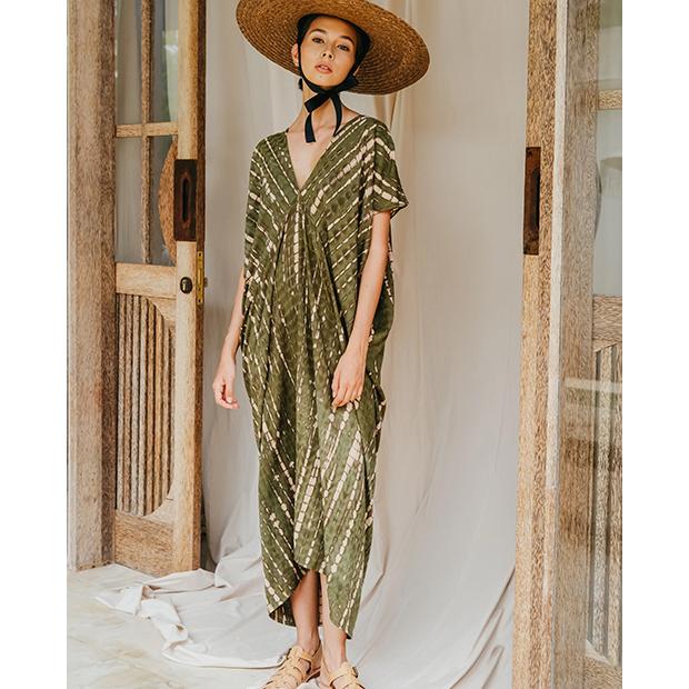 【Pink haley】Madella Hand Dyed Kaftan Dress in Seaweed green｜nuts-and-coffee｜02