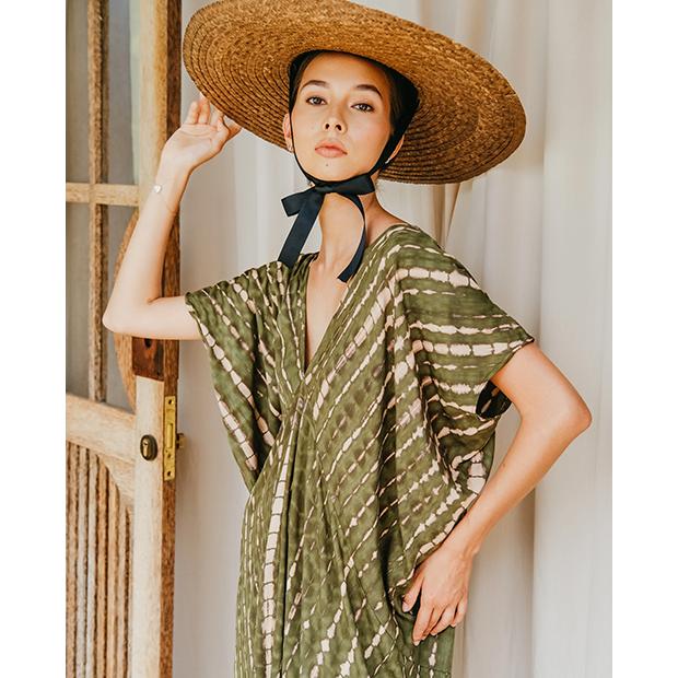 【Pink haley】Madella Hand Dyed Kaftan Dress in Seaweed green｜nuts-and-coffee｜06