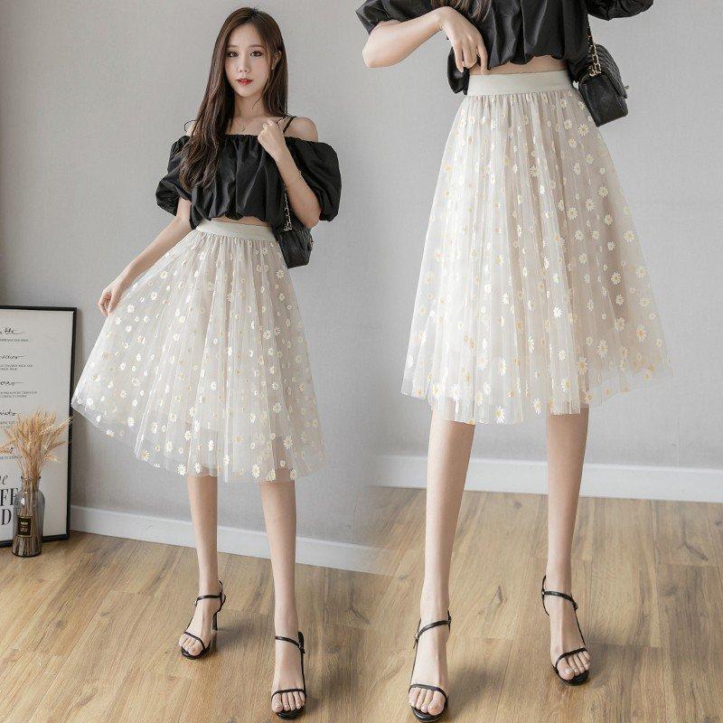 開梱 設置 無料 レディースウエア チュールスカート フレアスカート ウエストゴム 膝丈スカート 花 チュールスカートフレアスカートウエストゴム膝丈 スカート花柄スカート可愛いハイウエストプリント夏スカートレディース可愛い美脚効果黒ベージュ Www