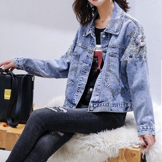 売れ筋介護用品も Gジャン ブルー レディース ショート デニムジャケット 春服 二次会 デート 女子会 袖シャン きれいめ ビジュー 花柄 袖コンシャス 大人可愛い テーラード ブレザー サイズ 2xl W7m Com Br