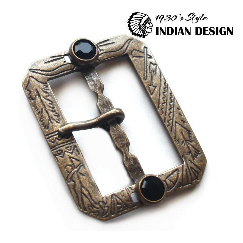 1930s インディアン柄 ビンテージ復刻版 バックル アンティークブロンズ メッキ 40mm〜42mm幅 ブラックラインストーン付き スタッズベルト | 