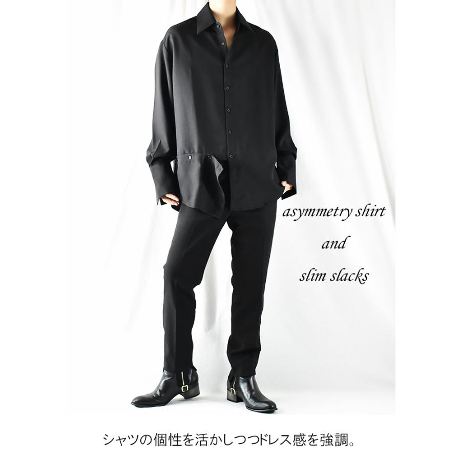 スラックス メンズ 黒 スリム 美脚パンツ 細身 裾アシンメトリー スラックス メンズ 黒 スリム 美脚パンツ 細身 裾アシンメトリー