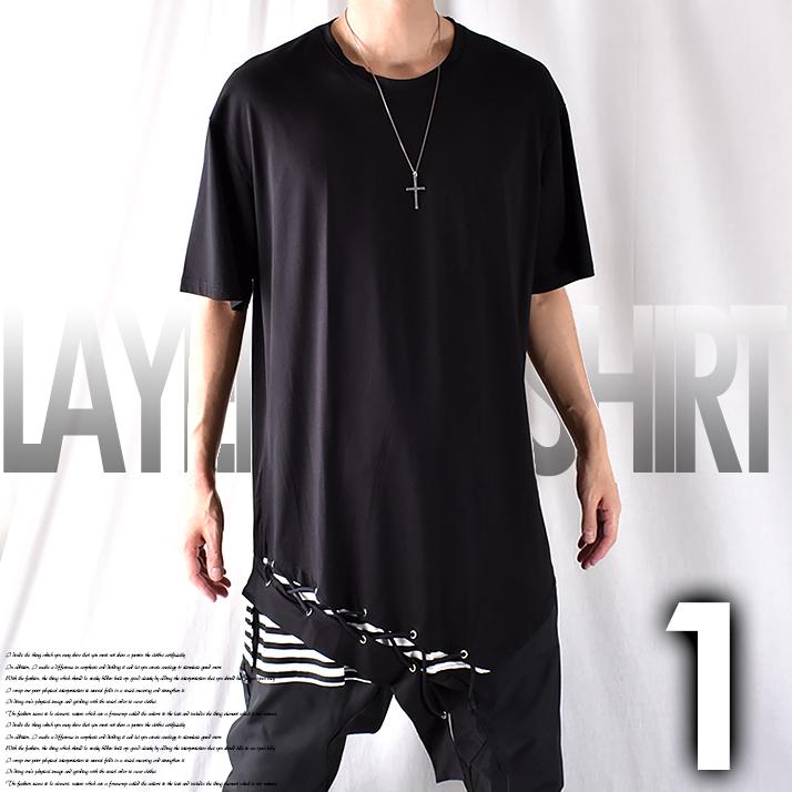 Tシャツ カットソー ビッグシルエット 大きいサイズ ロング丈 半袖 フェイクレイヤード 重ね着風 無地 ボーダー アシンメトリー 変形 ストレッチ 夏 夏服 Nws Sts Nws Factor 通販 Yahoo ショッピング