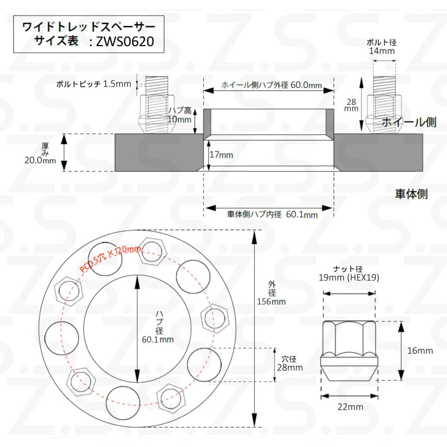 Z.S.S. AP 20mm PCD120 5穴 5x120 ハブ径 60.1φ ハブ一体型 ワイド