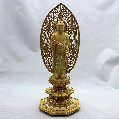 仏像（浄土宗） 柘植 切金淡彩 舟立弥陀 5．0寸 八角座 飛天光背