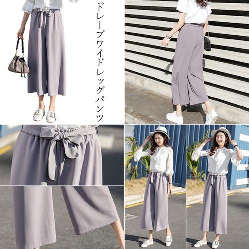 ワイドパンツ クロップドパンツ リボンベルト ハイウエスト アイスシルク カジュアル グレー 灰色 |  | 01