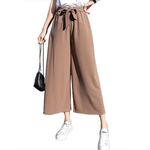ワイドパンツ クロップドパンツ リボンベルト ハイウエスト アイスシルク カジュアル ブラウン 茶色 | 
