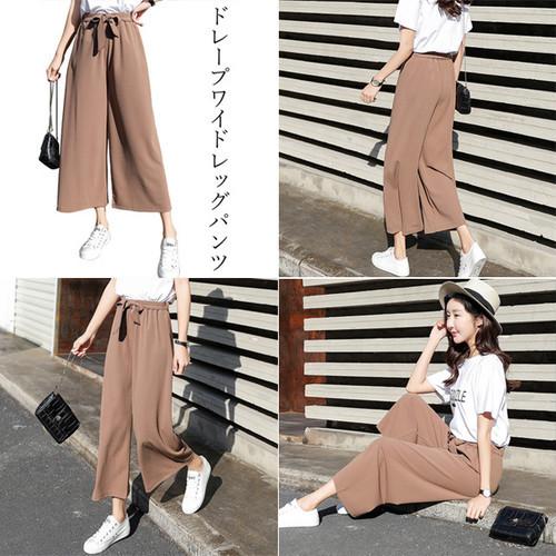 ワイドパンツ クロップドパンツ リボンベルト ハイウエスト アイスシルク カジュアル ブラウン 茶色 |  | 08
