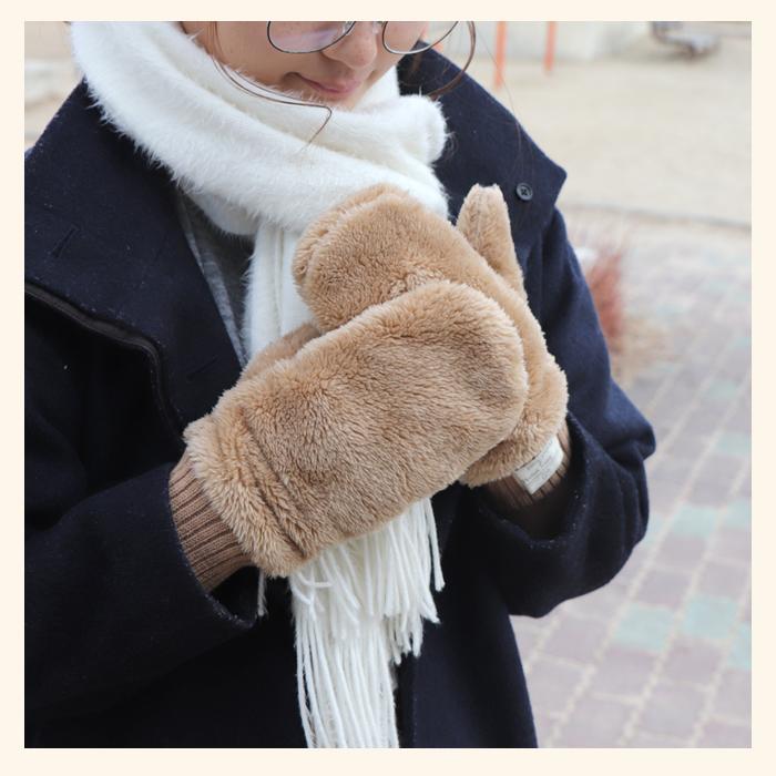 手袋 レディース ボア ミトン かわいい ファー風 ふわもこ あたたかい