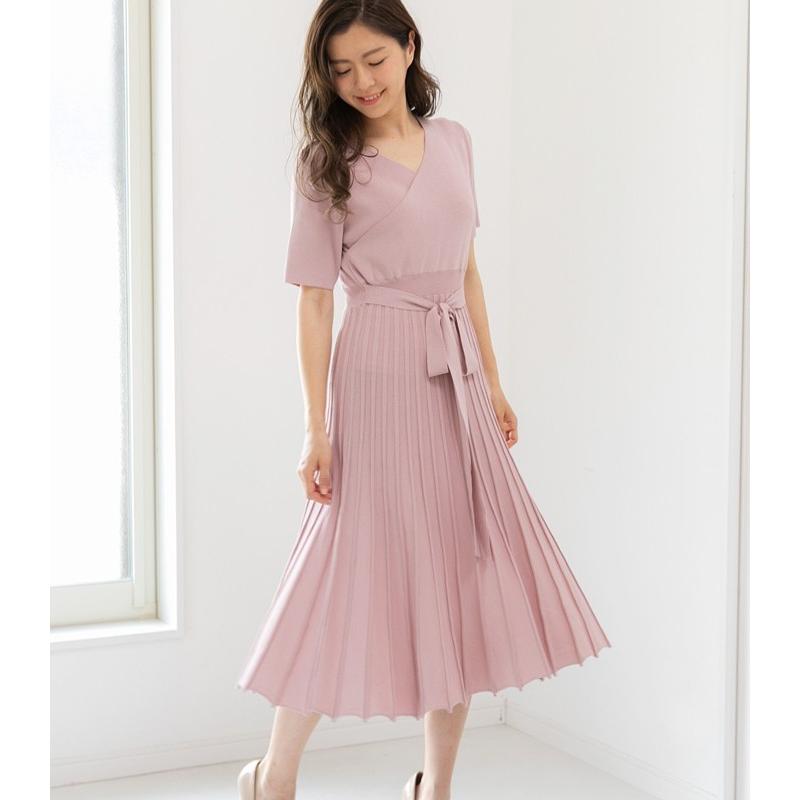 サマーニット レディース ワンピース プリーツ ニットワンピ 半袖 カシュクール Vネック ひざ丈 ワンピ エレガント きれいめ 大人 シンプル 春 夏 Om80 Onepi Lansh ランシュ 通販 Yahoo ショッピング
