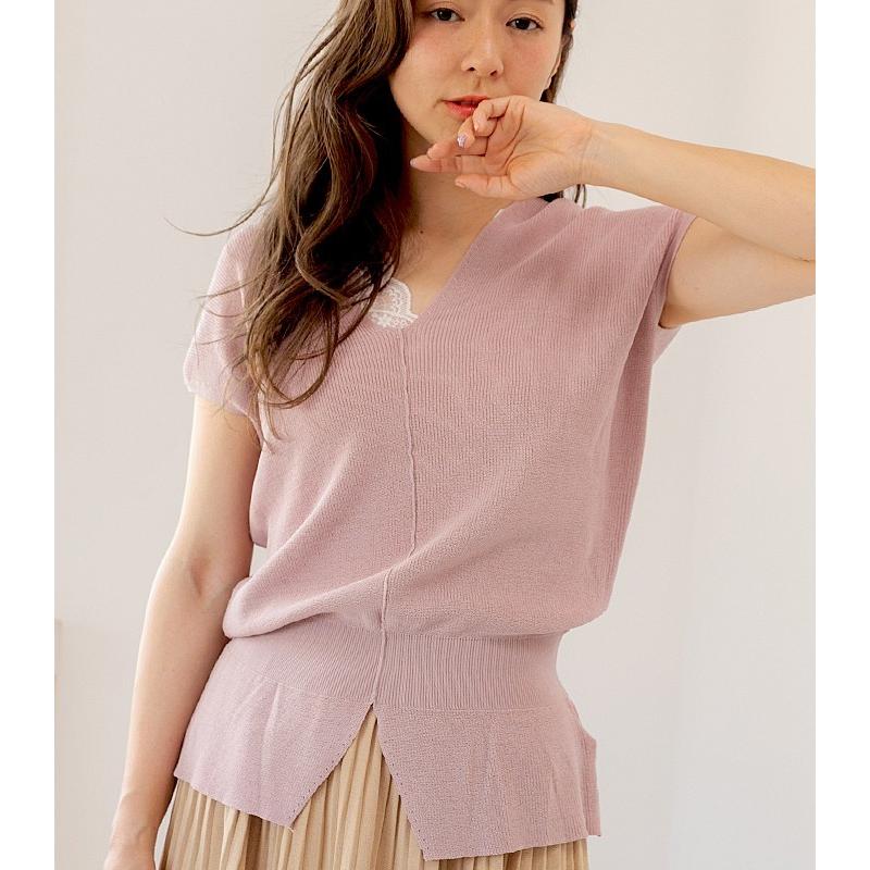 Vネック ペプラムニット 半袖 ピンク 三連休限定 2990円⇒2690円／ニット レディース Vネック 半袖 春 夏