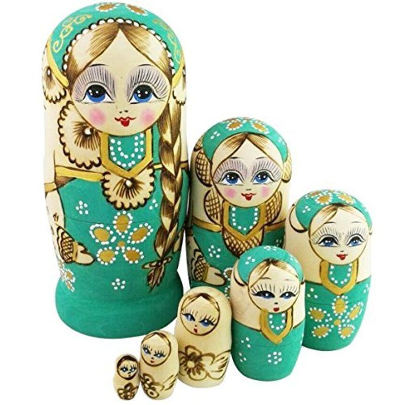 三つ編みの女の子 緑の胴体 花柄 マトリョーシカ人形 マトリョーシカ 手業 手塗り 木製品 7個組 誕生日プレゼント 贈り物 子供のおもちゃ