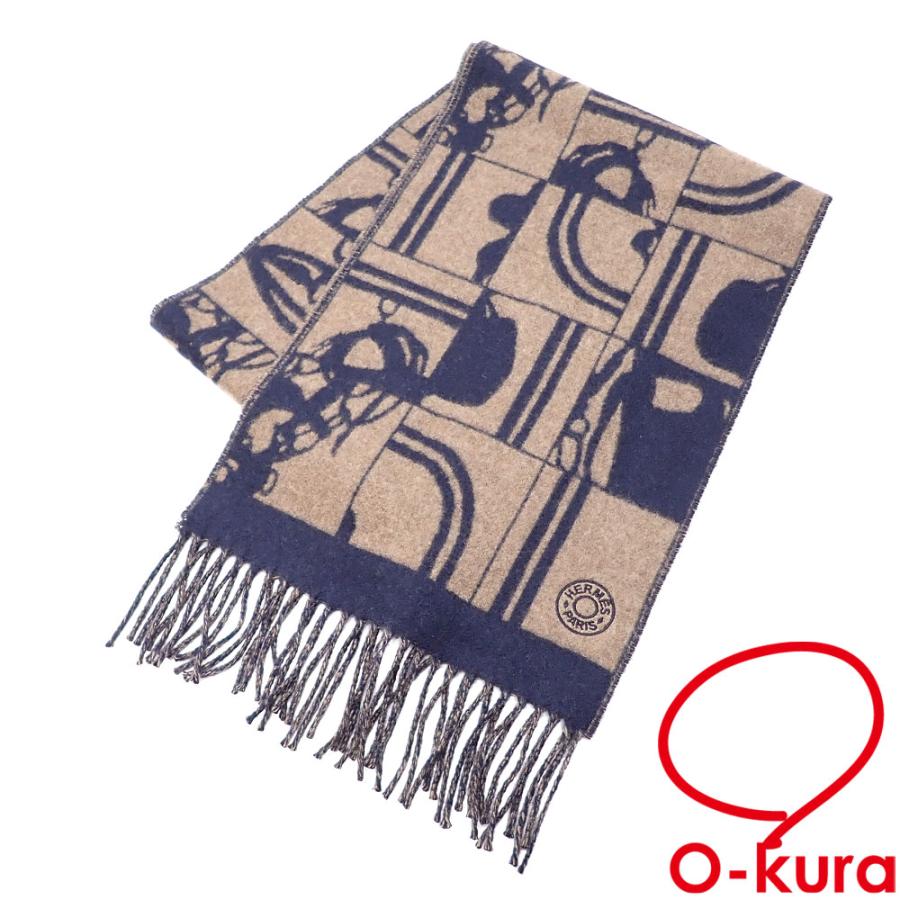 エルメス マフラー メンズ カシミヤ マリン エトゥープ フリンジ  