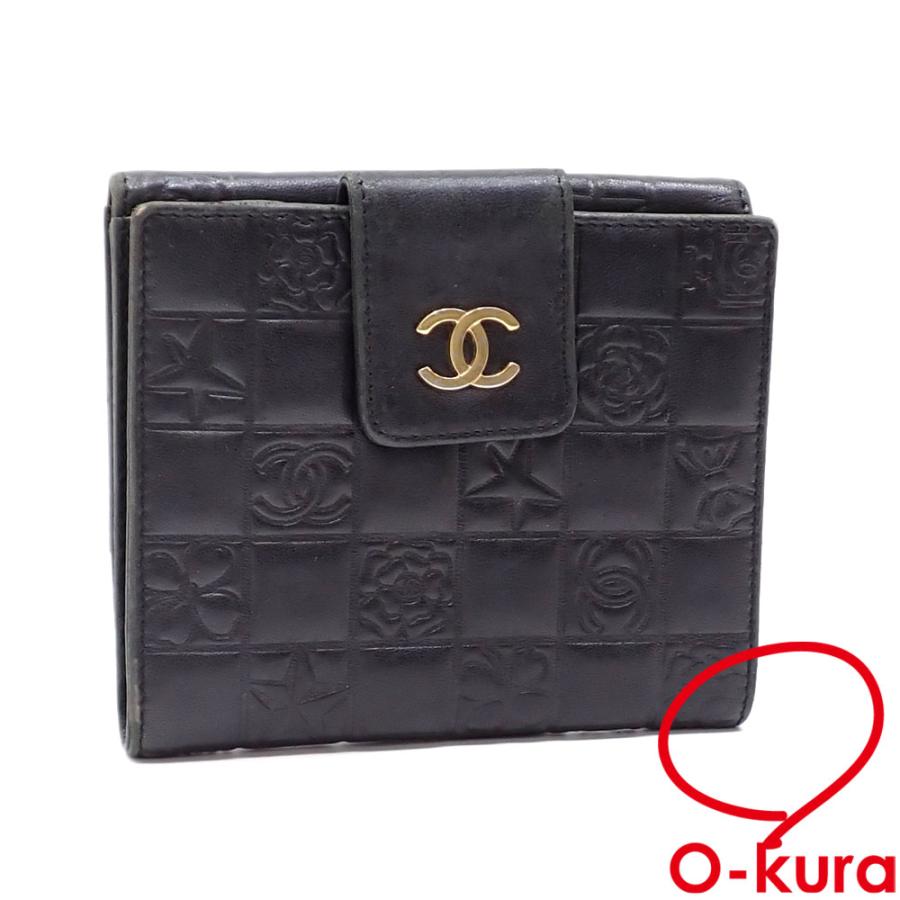 シャネル 二つ折り 財布 アイコンライン レディース ブラック 黒  