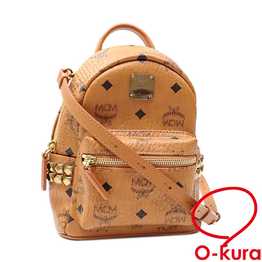 MCM ショルダーバッグ STARK べべブー サイドスタッズ付 ヴィセトス バックパック レディース コニャック PVC レザー 中古