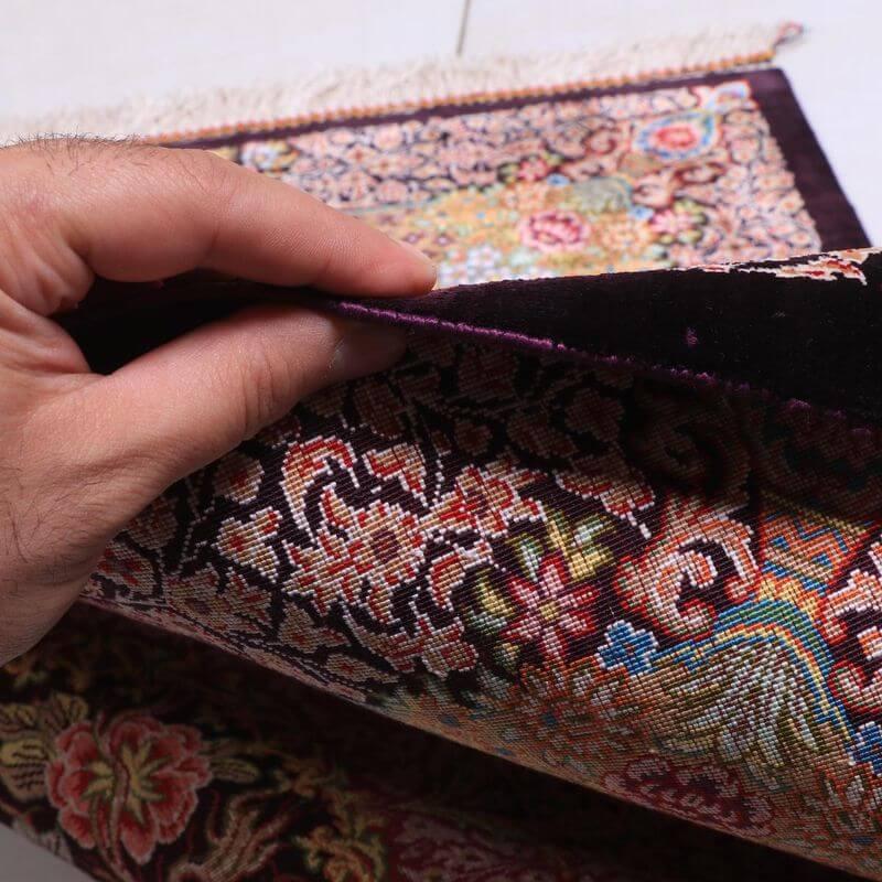 ペルシャ絨毯／クム 85×59cm イラン産 手織り シルク100％ ラグ