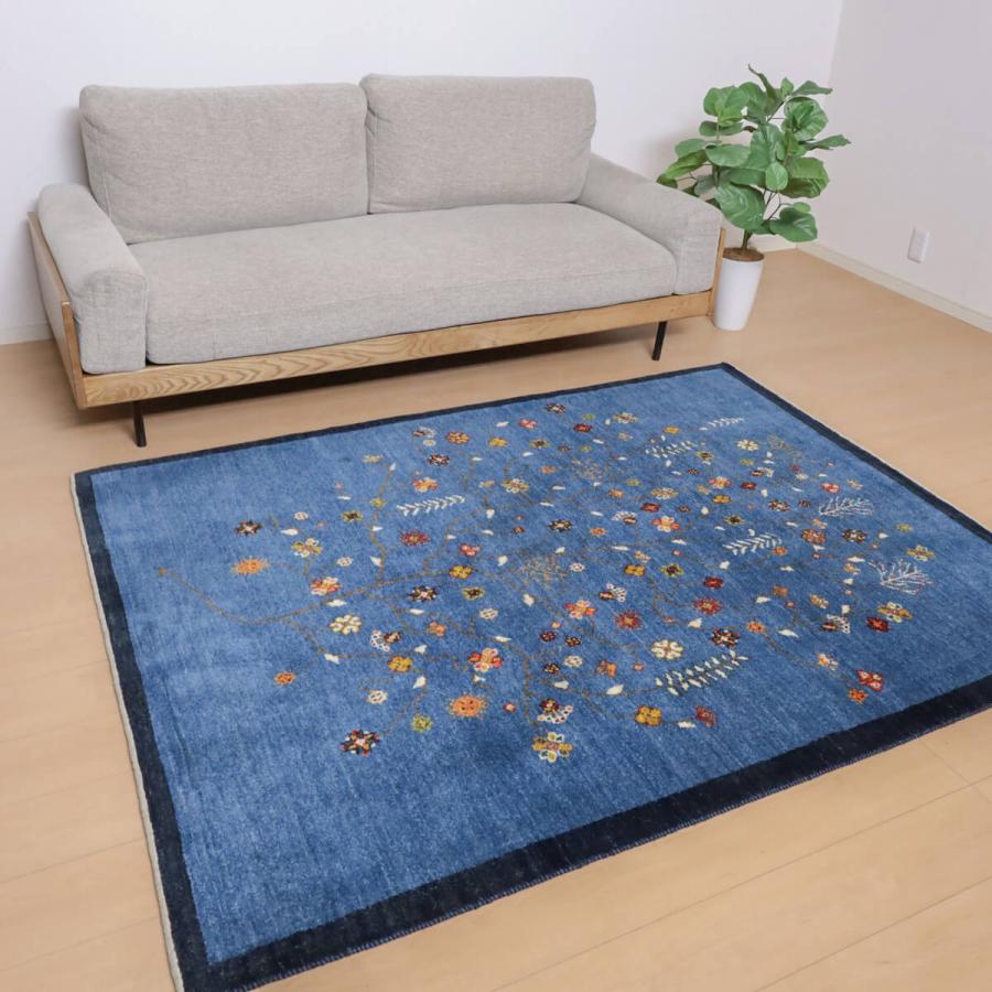 ギャッベ／ルリバフ 199×151cm イラン産 手織り リビング ウール ラグ
