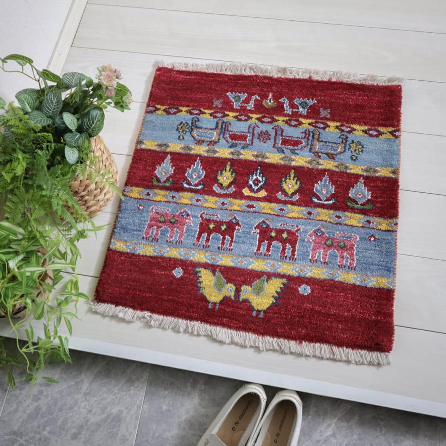 ギャッベ／ルリバフ 63×63cm イラン産 手織り リビング ウール ラグ