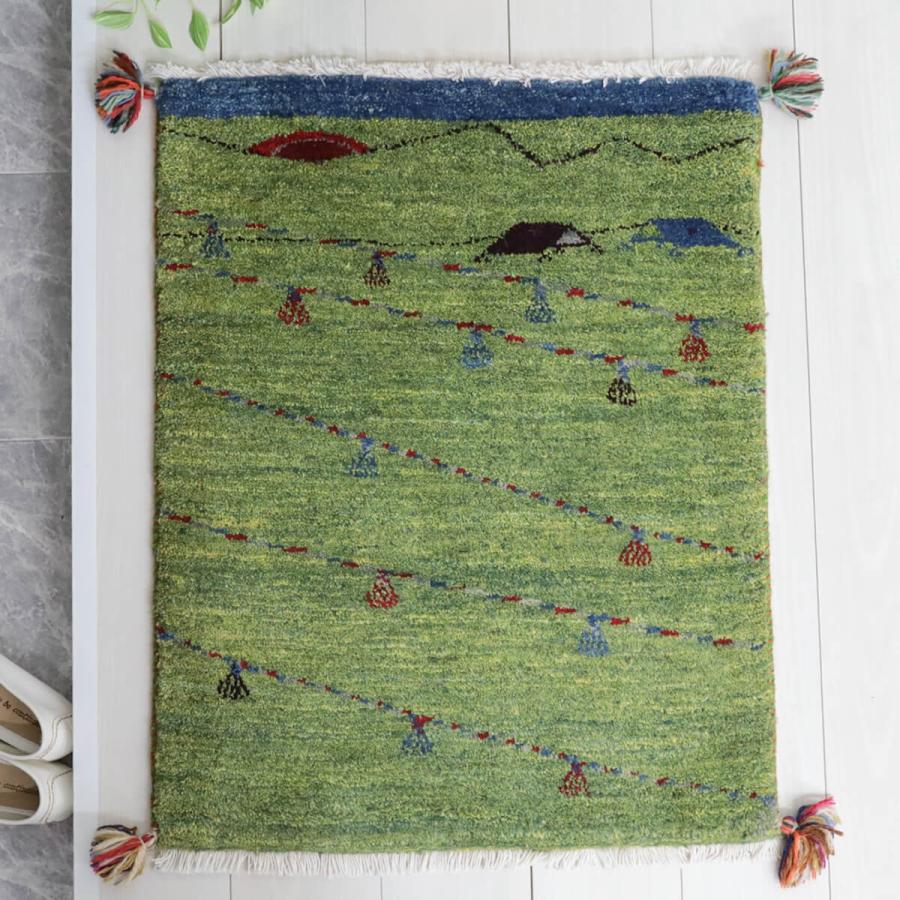 ギャッベ／ルリバフ 80×64cm イラン産 手織り リビング ウール ラグ