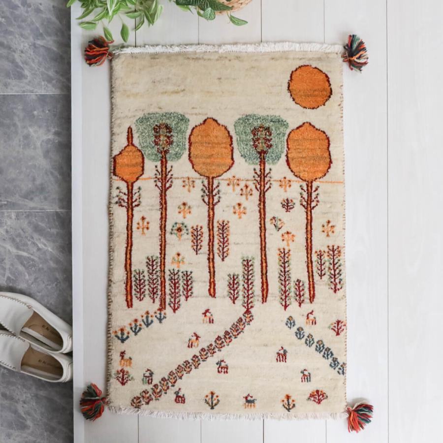 ギャッベ／ルリバフ 87×58cm イラン産 手織り リビング ウール ラグ