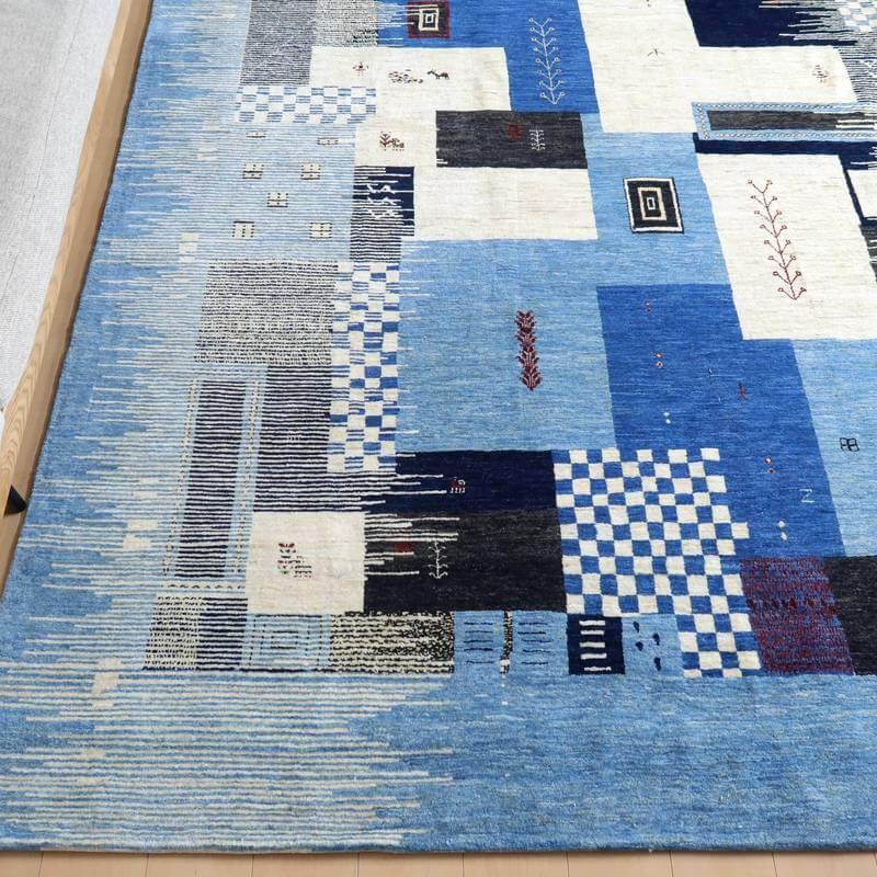 プレミアムギャッベ／ホシナマイ（ルリバフ） 303×246cm イラン産 手織り ウール ラグ リビング ダイニング 大判 （HX-10863）の画像