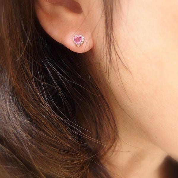 送料無料】K18PGハートピンクサファイアダイア取り巻きスタッドピアス
