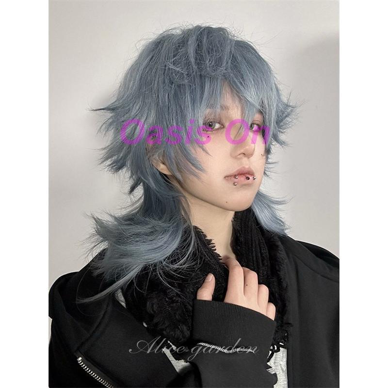 【即納】黒×青 ショートウルフ ファッションウィッグ コスプレ 創作 派手髪 ウィッグ ブルー メンズ レディース かつら ショート ウルフ フル