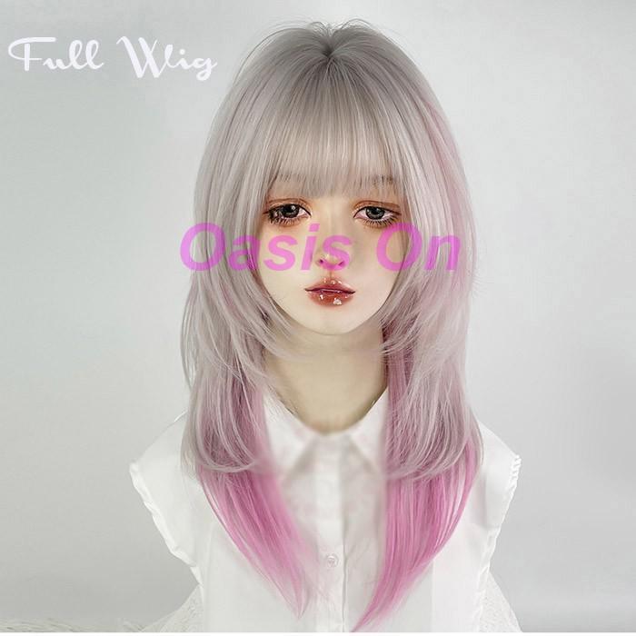 ウィッグ ミディアム ロング グラデーション ピンク シルバー 前髪あり