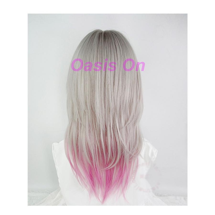 ウィッグ ミディアム ロング グラデーション ピンク シルバー 前髪あり