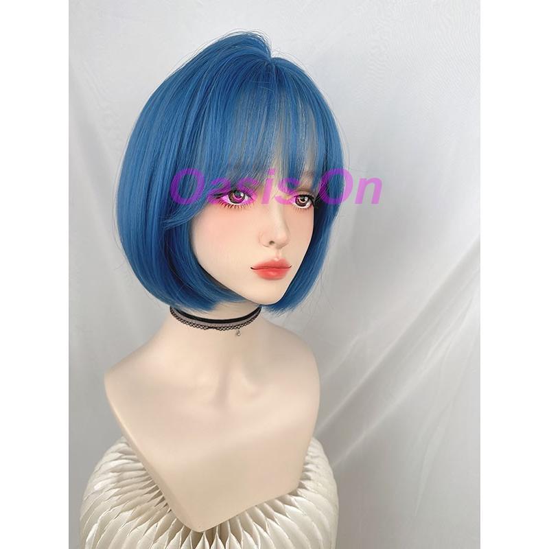 ウィッグ フルウィッグ ブルー 青 ショート レディース ふんわり前髪