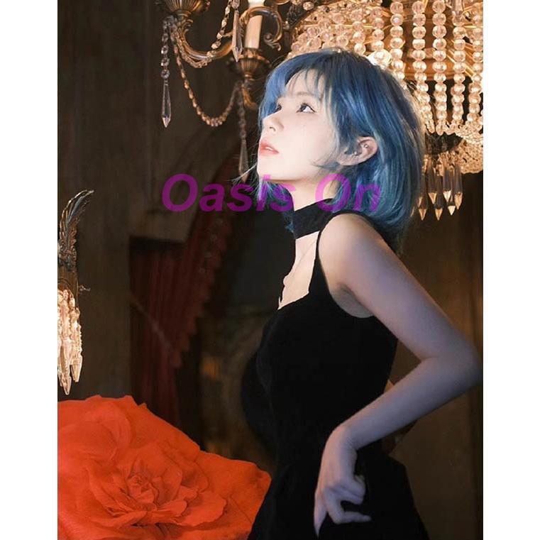 ウィッグ フルウィッグ ブルー 青 ショート レディース ふんわり前髪
