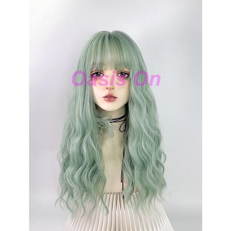 ウィッグ フルウィッグ ライトグリーン 緑 ロング パーマ 巻き毛