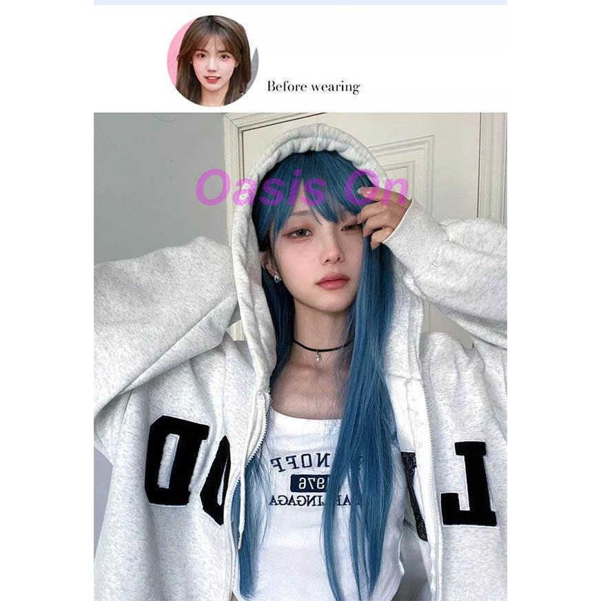 フルウィッグ ブルー ストレート ロング レディース 前髪あり 原宿風